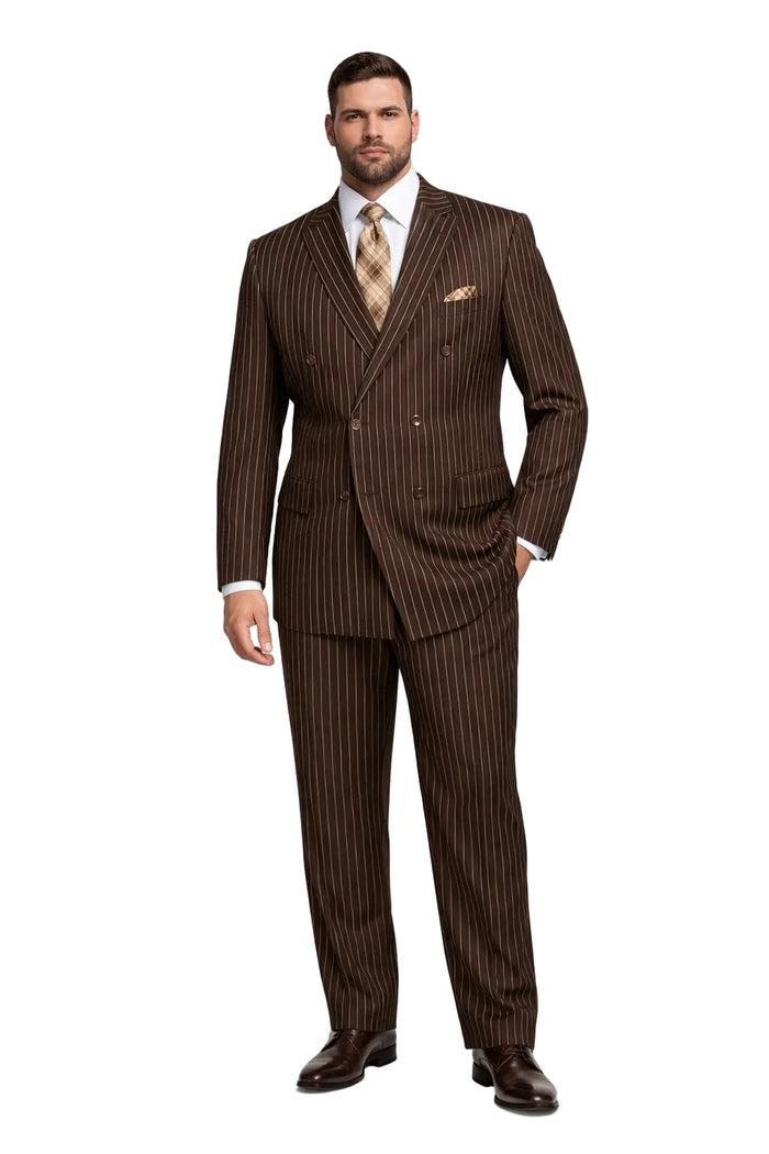 Men's Designer Double Breasted Wool Suit in Bold Brown Gangster Pinstripe.
