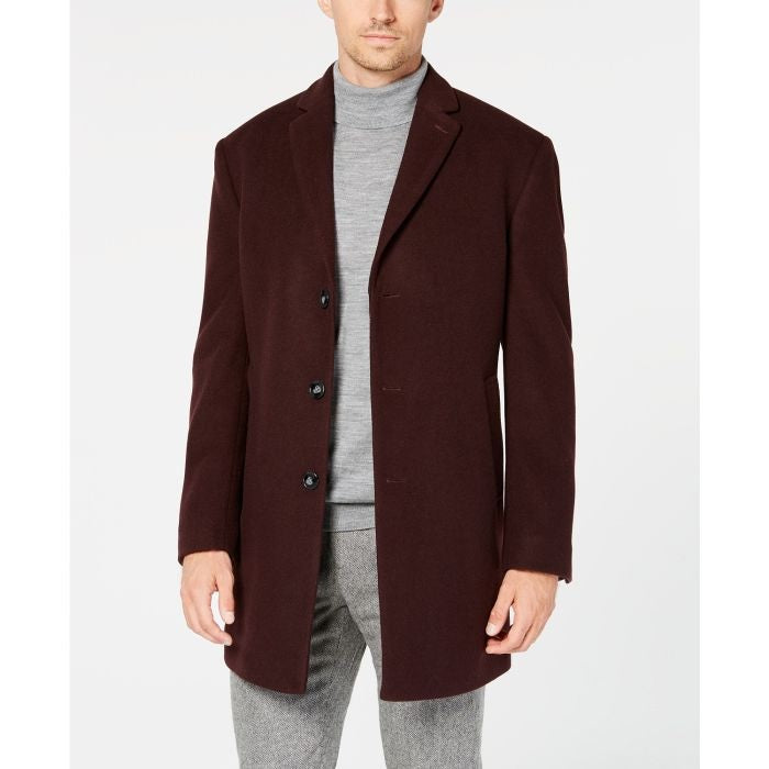 Mens Burgundy Slim Fit Topcoat - Overcoat Three Quarter