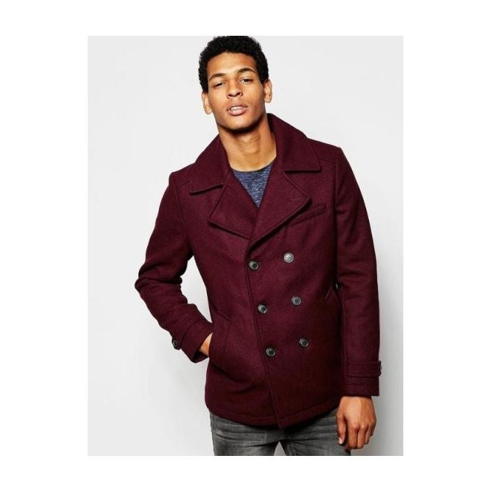 Mens Burgundy  Wine Six Button Wool Peacoat  Car Coat