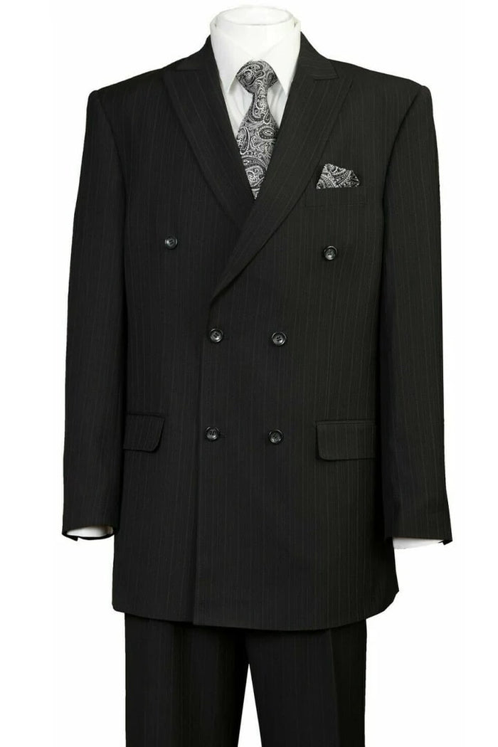 Cheap Priced Suit- Mens Classic Double Breasted Peak Lapel Suit In Black Pinstripe