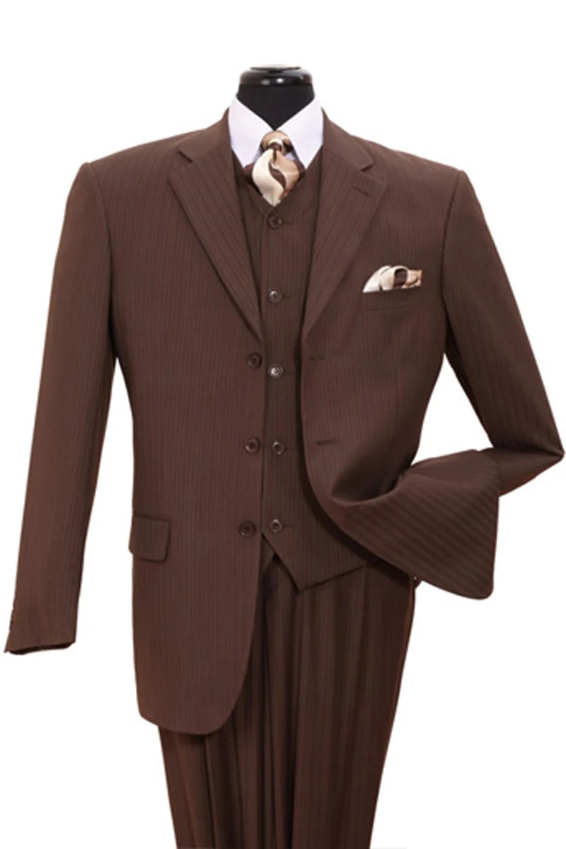 Mens Vested Wide Tonal Stripe Suit in Brown - 38 Short Jacket+32 Waist Adjustable 28to34)(Height: 5 4 to5 7 )(Neck  15-16.5)S-M)