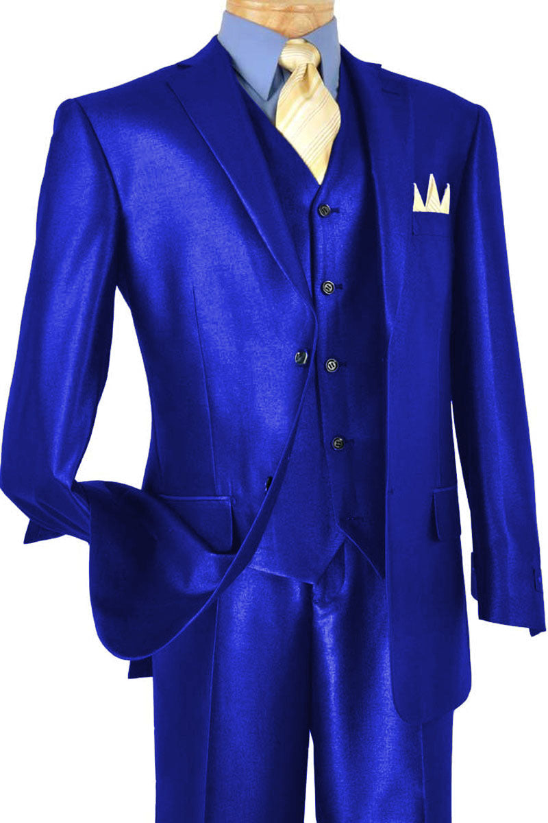 Mens Classic Vested Shiny Sharkskin Blue Suit - 36 Short