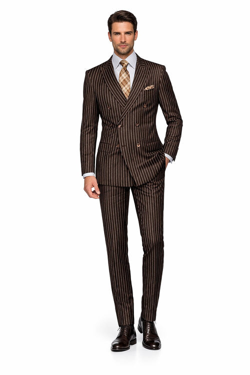 Men's Designer Double Breasted Wool Suit in Bold Brown Gangster Pinstripe.
