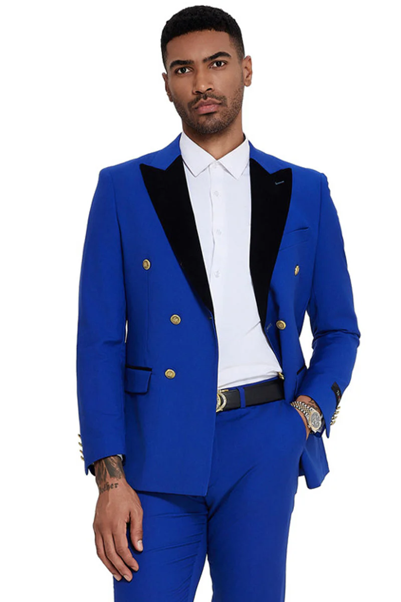 Mens Double Breasted Wedding Suit With Velvet Peak Lapel and Gold Buttons in Royal Blue - 34 Short or Extra Small