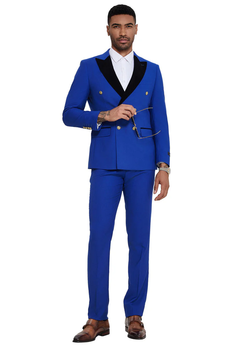 Mens Double Breasted Wedding Suit With Velvet Peak Lapel and Gold Buttons in Royal Blue - 34 Short or Extra Small