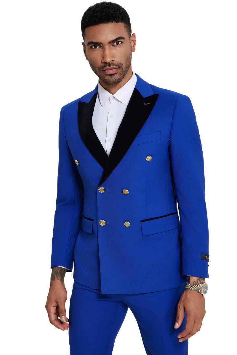 Mens Double Breasted Wedding Suit With Velvet Peak Lapel and Gold Buttons in Royal Blue - 34 Short or Extra Small
