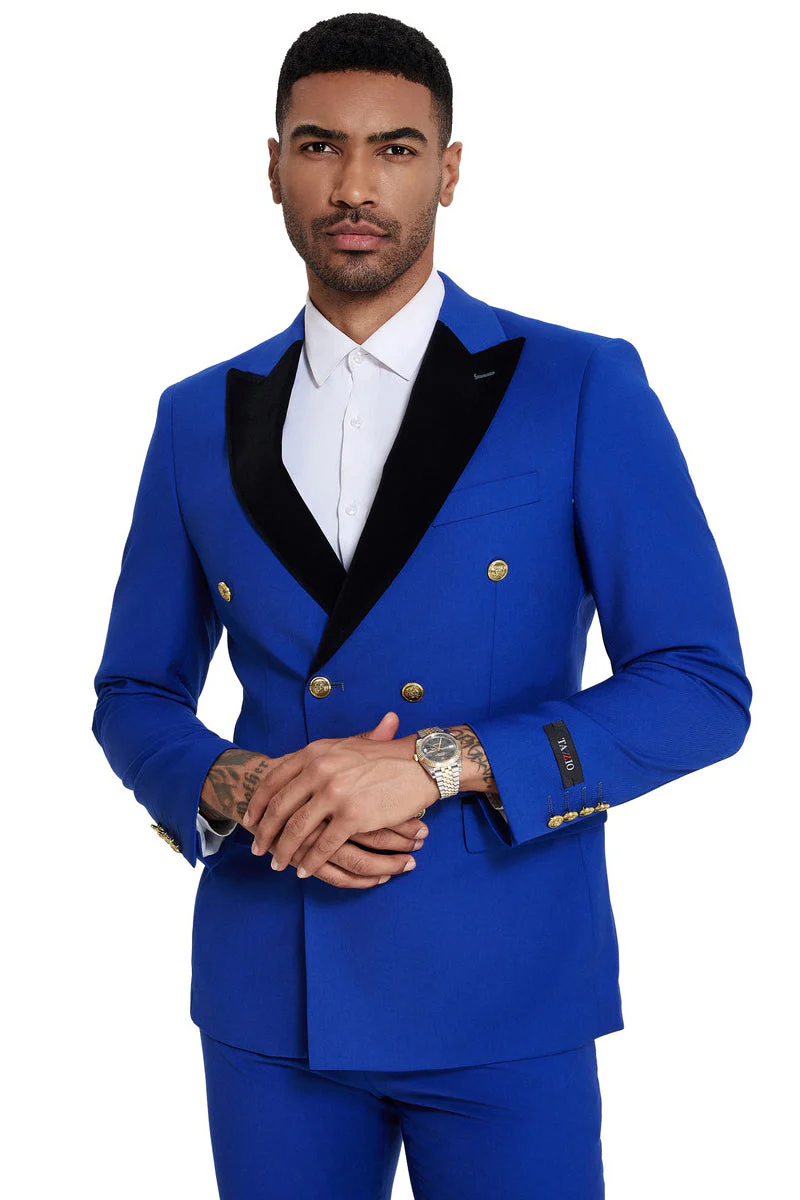 Mens Double Breasted Wedding Suit With Velvet Peak Lapel and Gold Buttons in Royal Blue - 34 Short or Extra Small