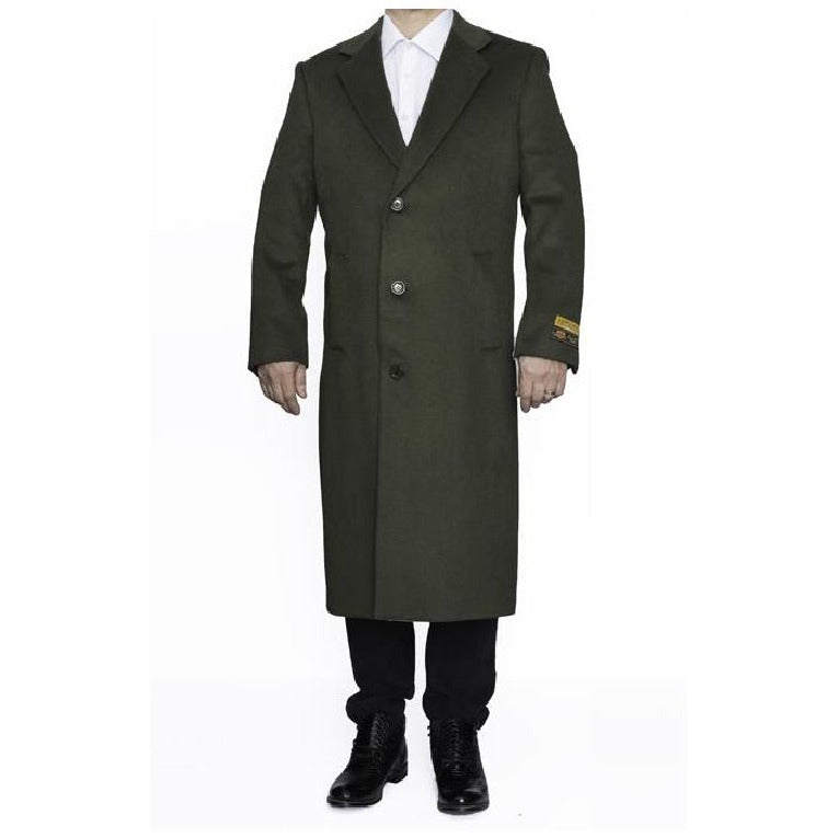 Mens Full Length Wool Dress Top Coat / Overcoat in Olive Green