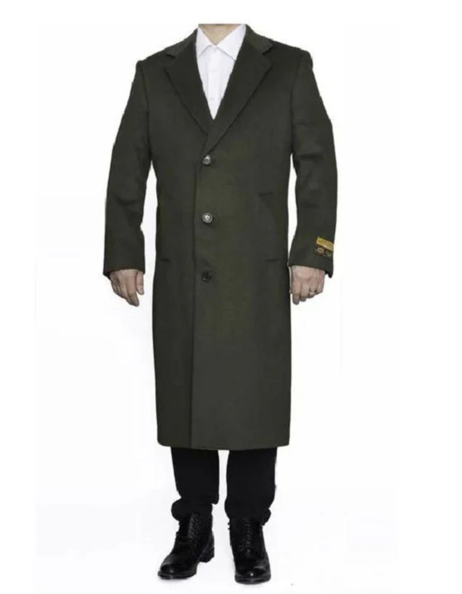 Mens Notch Lapel Single Breasted Olive Green Long Overcoat - Coat Size 38