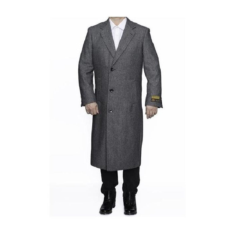 Mens Full Length Wool Herringbone Gray Overcoat / Topcoat