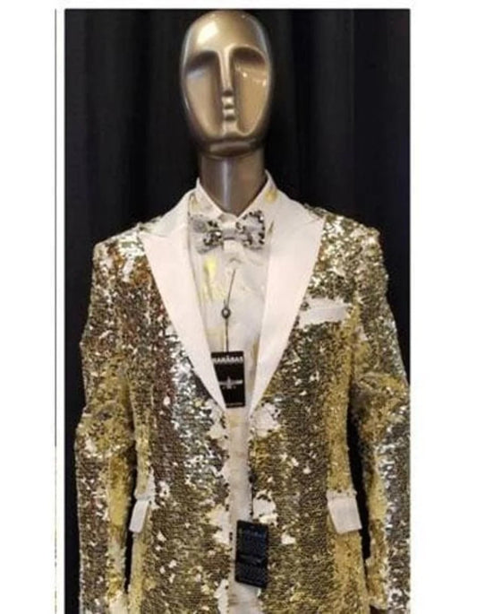 Christmas Blazer - New Year Holiday Tuxedo Dinner Jacket - Gold SIngle Breasted Sequin Fabric Shiny Perfect For Party