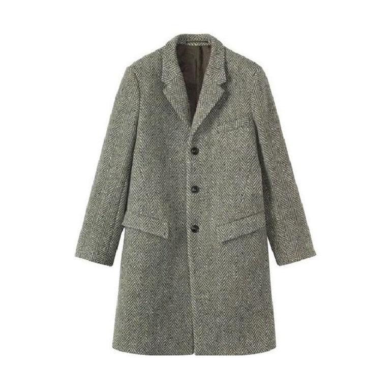 Mens Herringbone Tweed 65% Wool full length Gray Overcoat