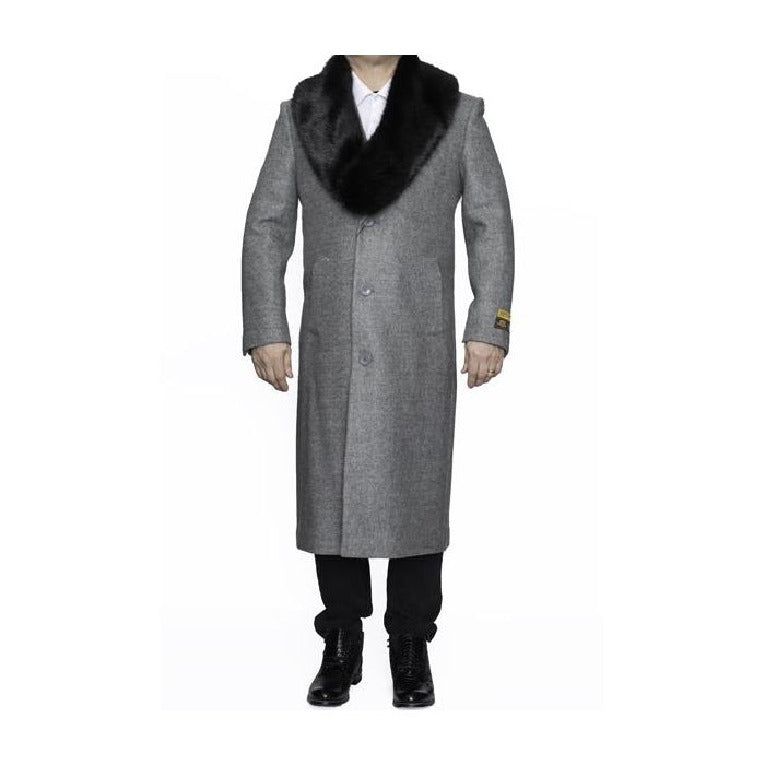 Mens Light Grey Full Length Wool Dress Top Coat