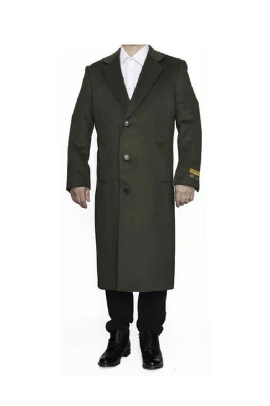Removable Fur Collar Ankle length Wool Dark Olive Green Top Coat/Overcoat | Winter men's Topcoat Sale