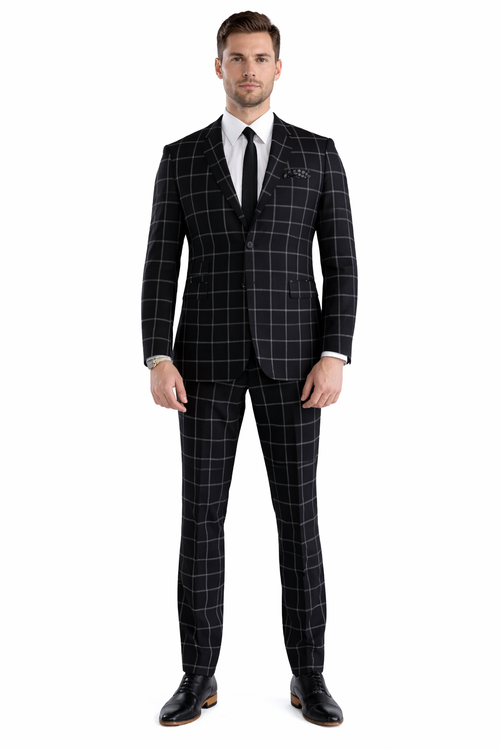 Mens Plaid Suit - Black Windowpane Suit - 1920 Suits - 34 Short or Extra Small
