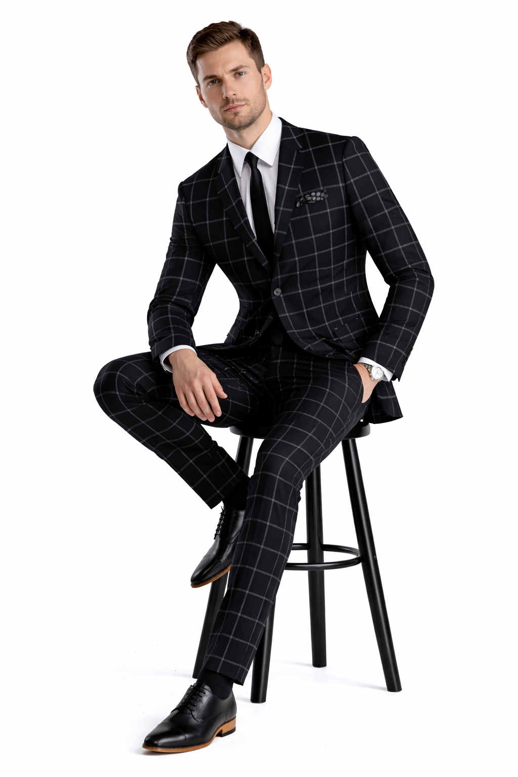 Mens Plaid Suit - Black Windowpane Suit - 1920 Suits - 34 Short or Extra Small