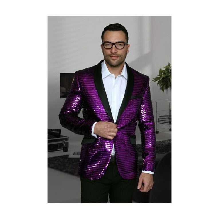 Mens Purple Shiny Sequin Paisley One Button Sport Coat