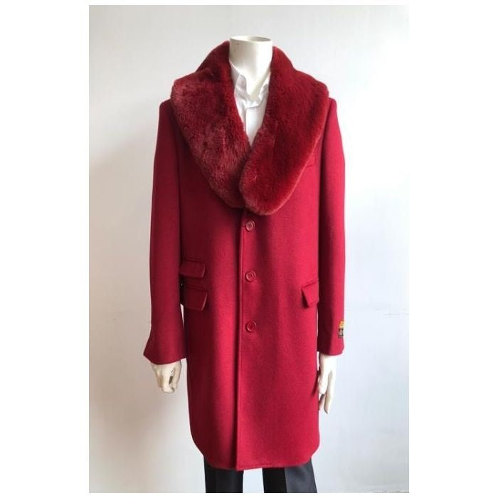 Mens Red Wool Coat Three Quarter Ticket Pocket & Fur Collar Red Winter Coat