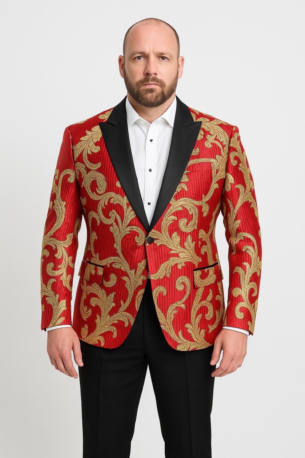 Mens Red and Gold Embroidered Tuxedo Blazer – Baroque Style One Button Dinner Jacket with Black Satin Lapel - 34 Short or Extra Small