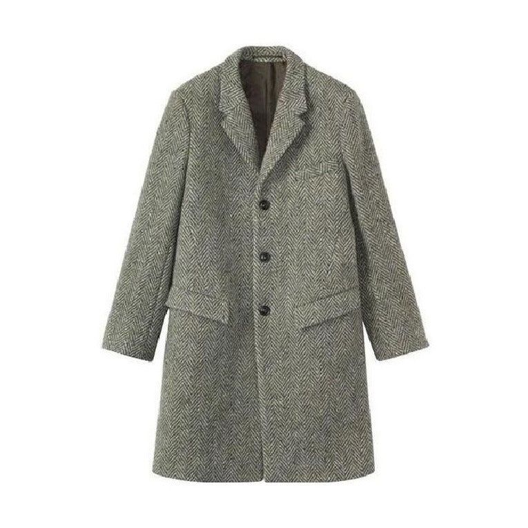 Mens Single Breasted Herringbone Tweed Wool Grey Overcoat