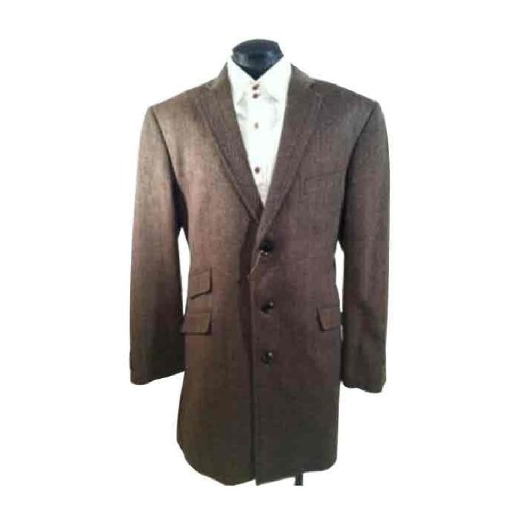 Mens Single Breasted Herringbone Tweed Wool Taupe Car Coat