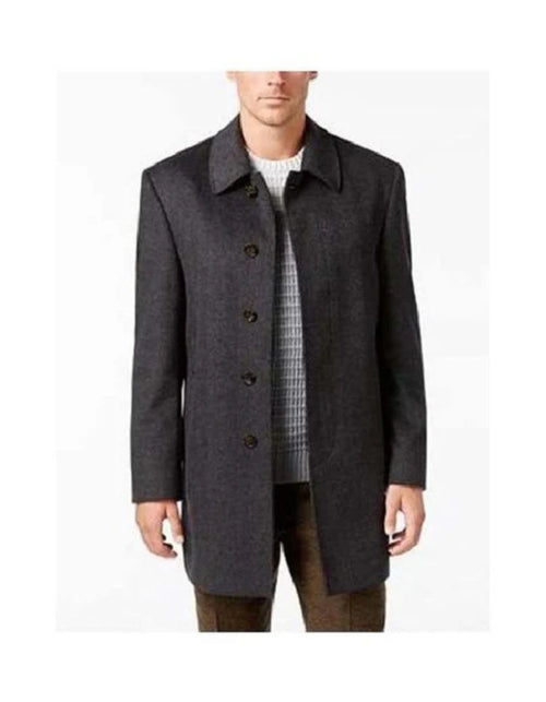 Mens Single Breasted Herringbone Wool Charcoal Overcoat