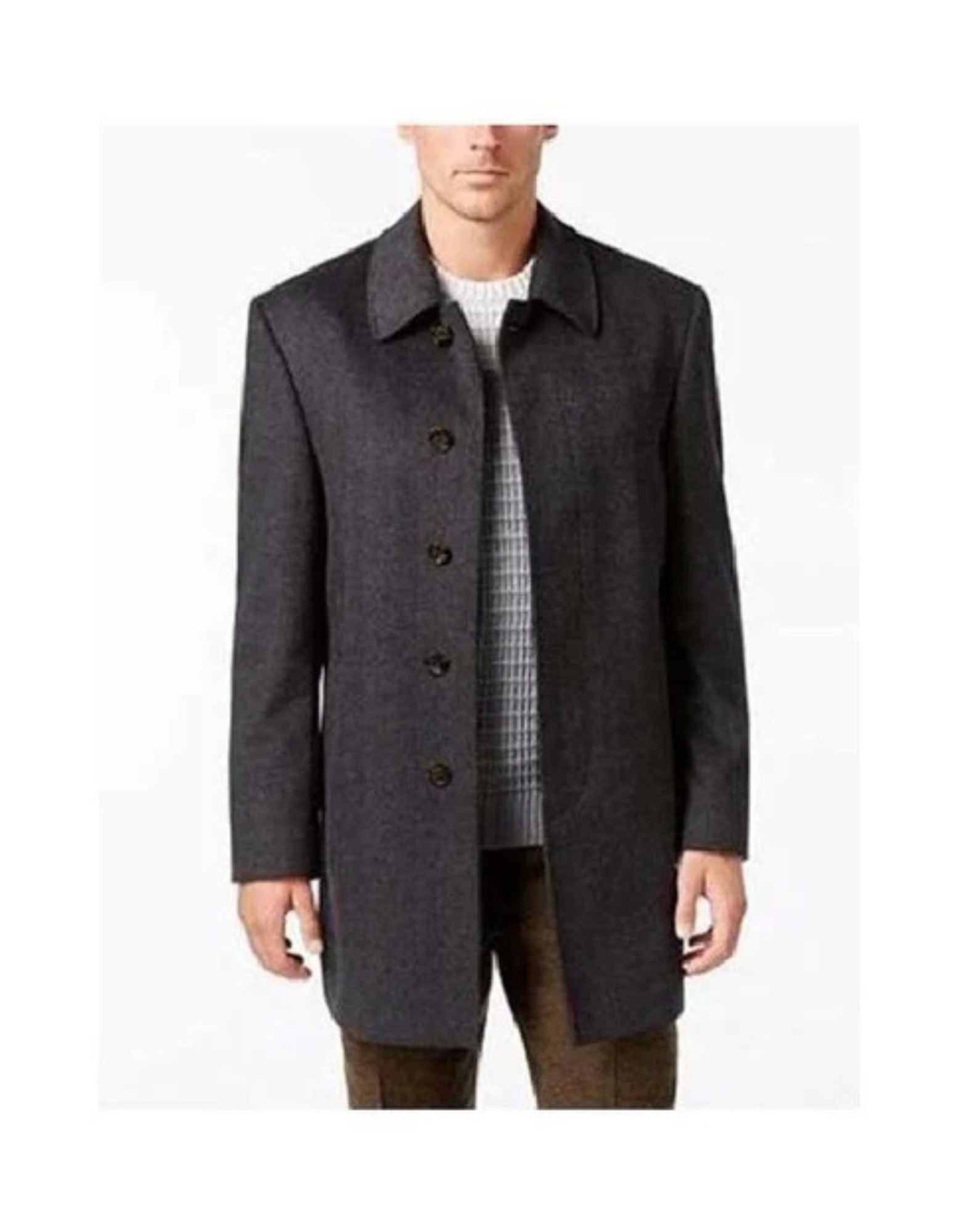 Mens Single Breasted Herringbone Wool Charcoal Overcoat - Coat Size 38