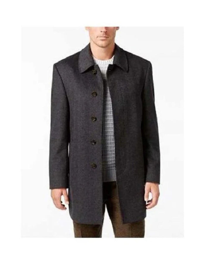 Mens Single Breasted Herringbone Wool Charcoal Overcoat