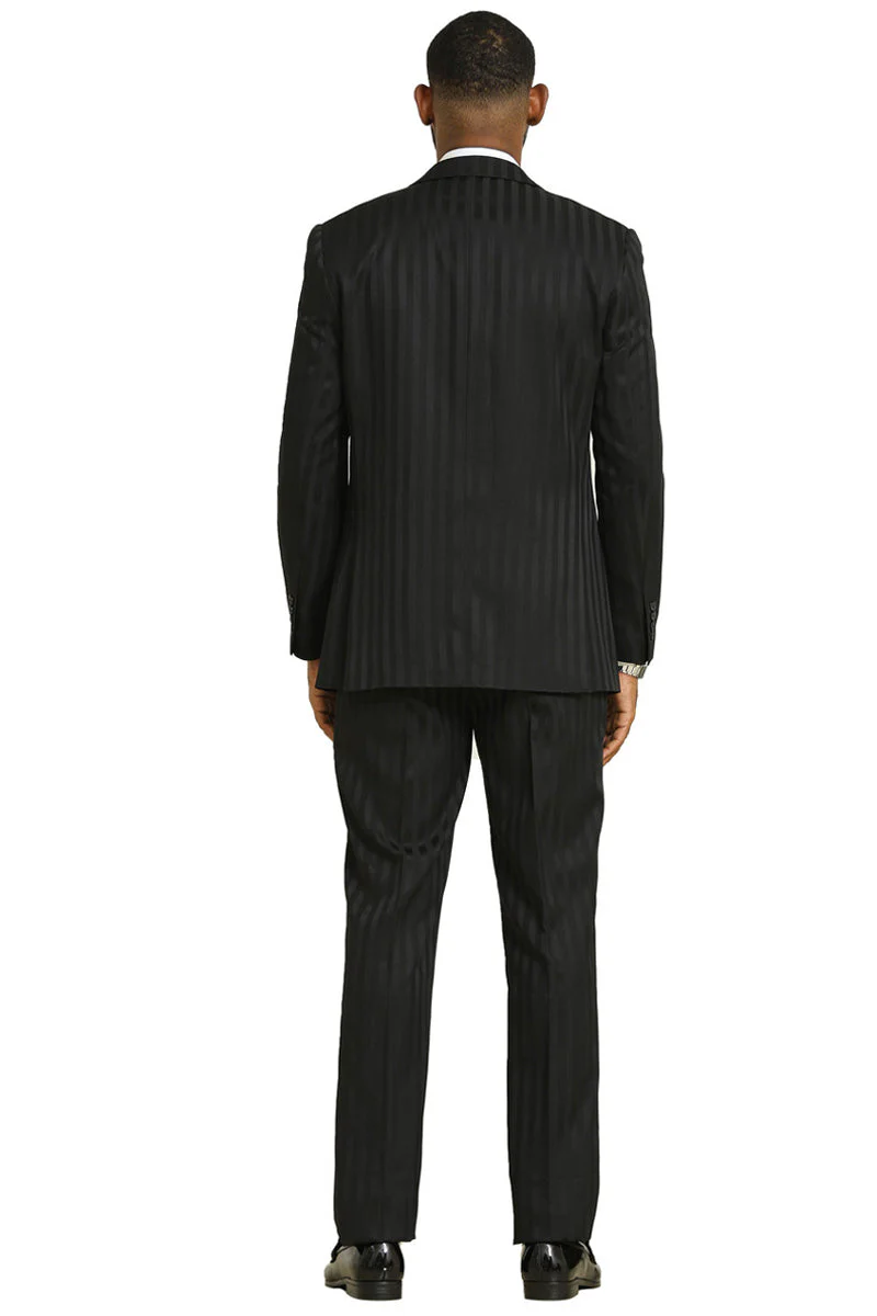 Mens Stacy Adams Modern Fit Vested Suit in Black Tonal Shadown Pinstripe - 34 Short or Extra Small