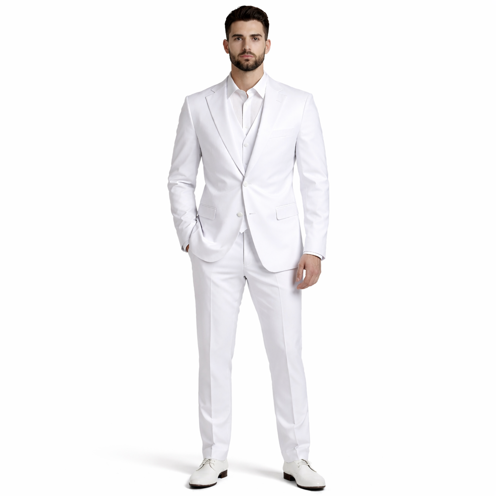 Mens Stacy Adams Suits - Designer Suit - 3 Piece Suit - Vested Suit - Flat Front Pant- Modern Fit Suits White Suit - 34 Short or Extra Small