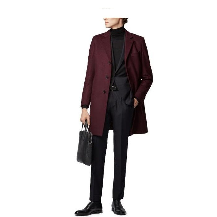 Mens Standard Notch Lapels Dark Red Length Coat