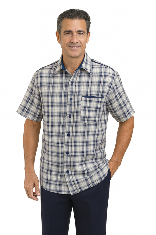 Mens Textured Plaid Walking Suit in Navy/white by Dreams by Zacchi – 2 Piece Leisure Outfit-matching-shirt-and-pants-$99