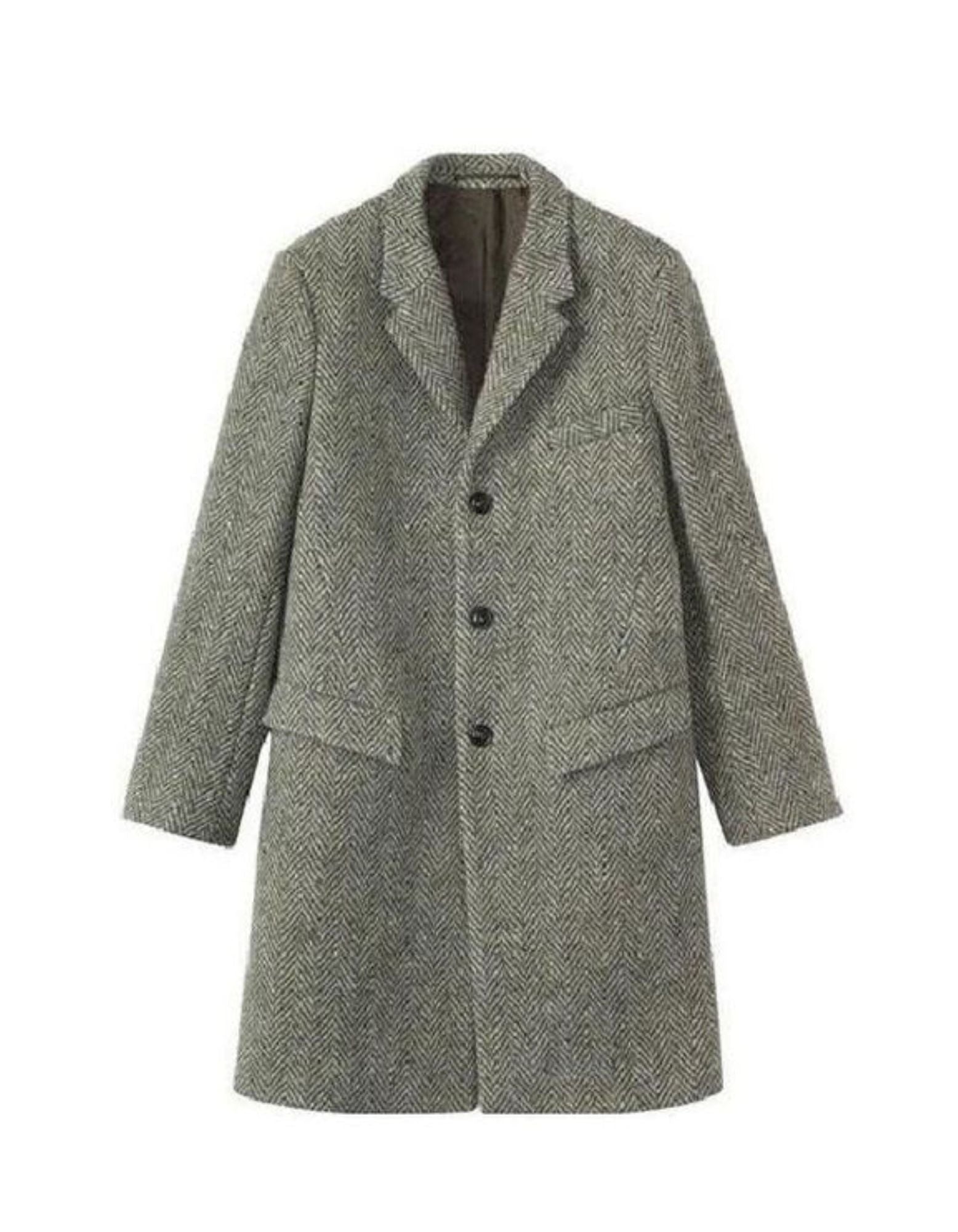 Mens Three Button Herringbone Tweed Wool Gray ~ Grey Overcoat - Coat Size 38