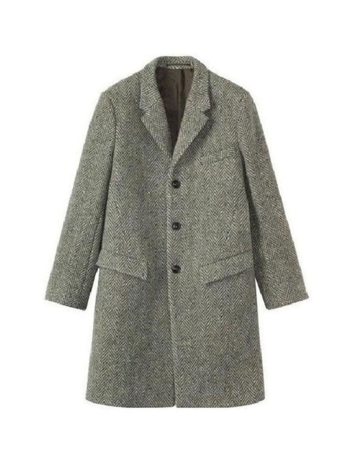 Mens Single Breasted Herringbone Tweed Wool Grey Overcoat