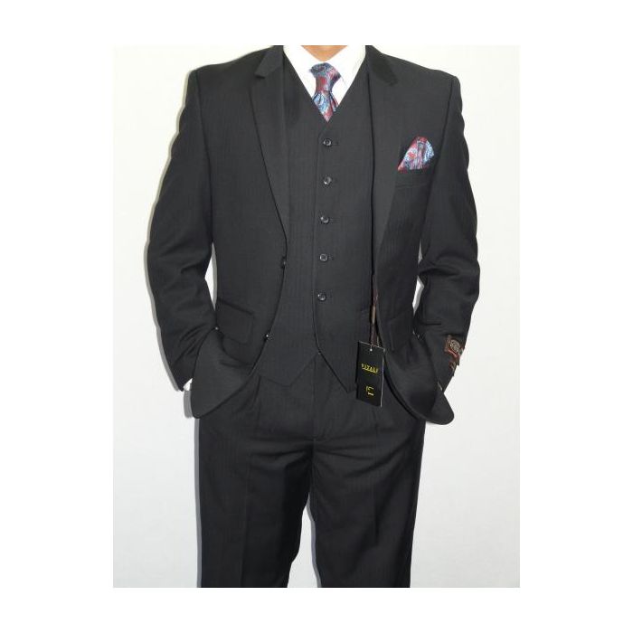 Mens Three Piece Vested Suit Mini Herringbone Tweed Black