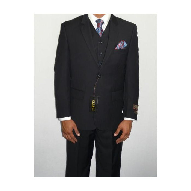 Mens Three Piece Vested Suit Mini Herringbone Tweed Black