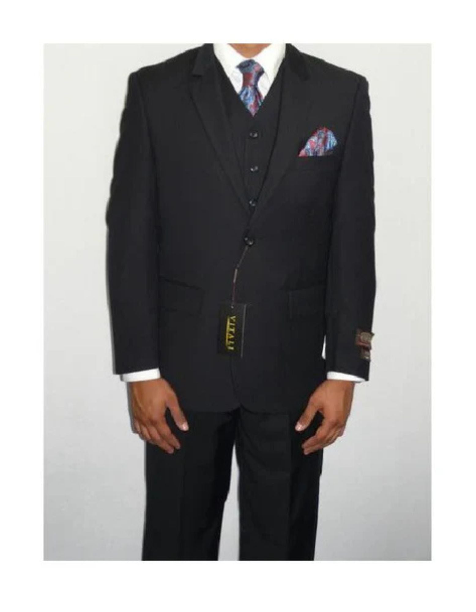 Mens Three Piece Vested Suit Mini Herringbone Tweed Black - Coat Size 38