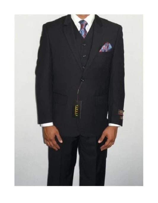 Mens Three Piece Vested Suit Mini Herringbone Tweed Black