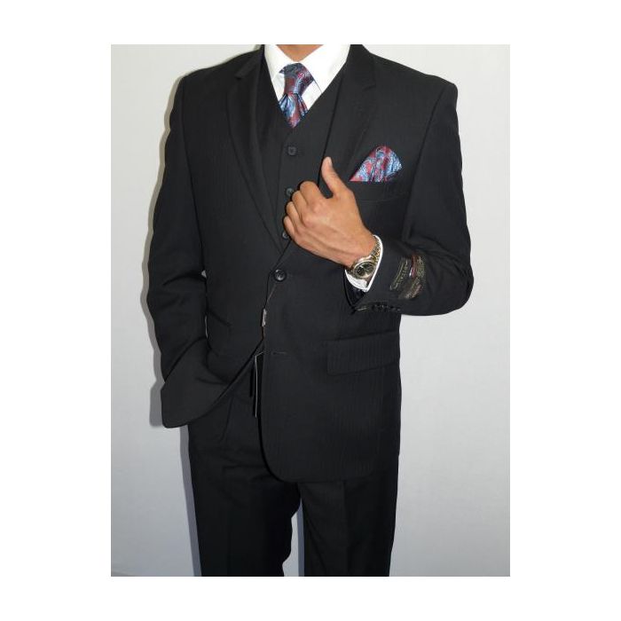 Mens Three Piece Vested Suit Mini Herringbone Tweed Black