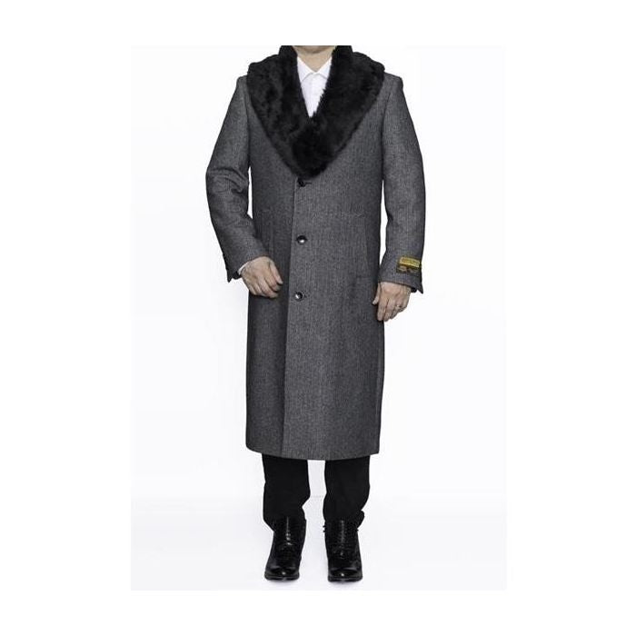 Mens Topcoat Mens Dress Coat Removable Fur Collar Full Length Wool Herringbone Grey coat