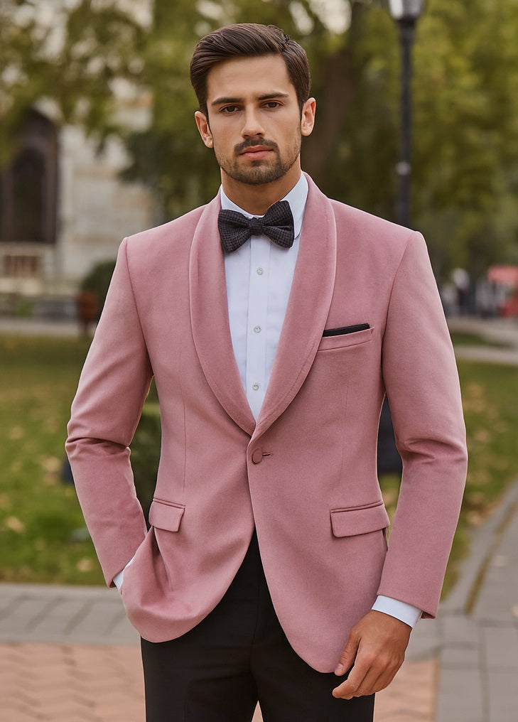 Rose Gold Color Mens Velvet Dinner Jacket - Mens Tuxedo Blazer With Trim Shawl Collar Pink Blush-New Designer Collection - 36 Short