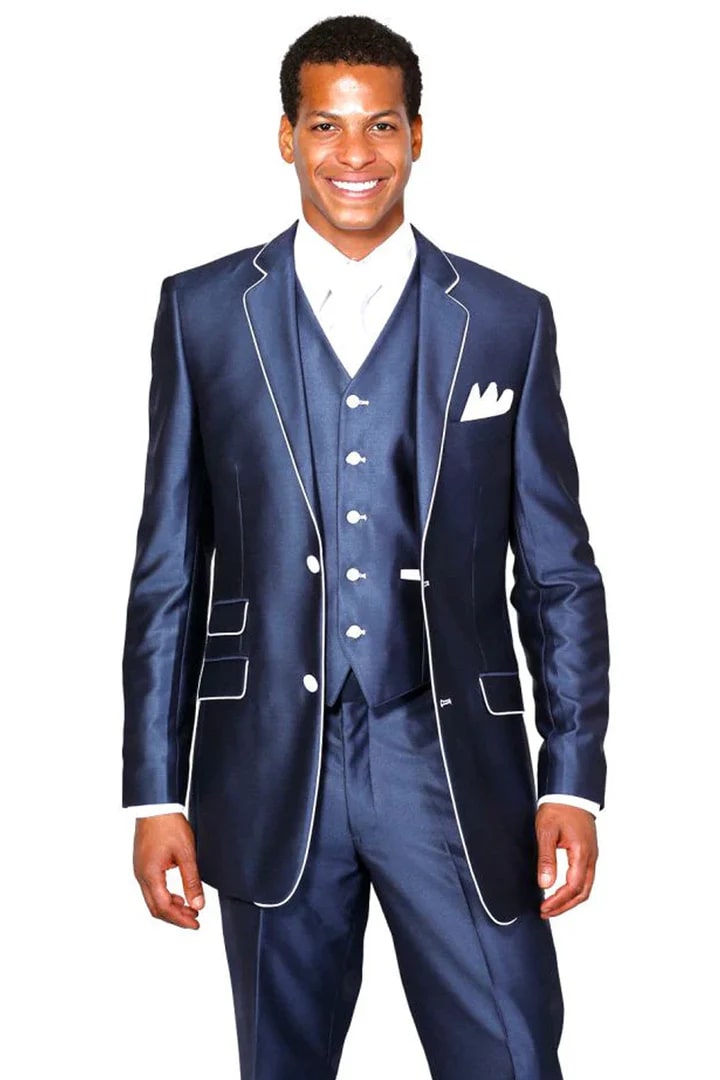 Cheap Suit - Mens Vested Slim Fit Shiny Sharkskin Tuxedo Suit In Navy Blue With White Piping