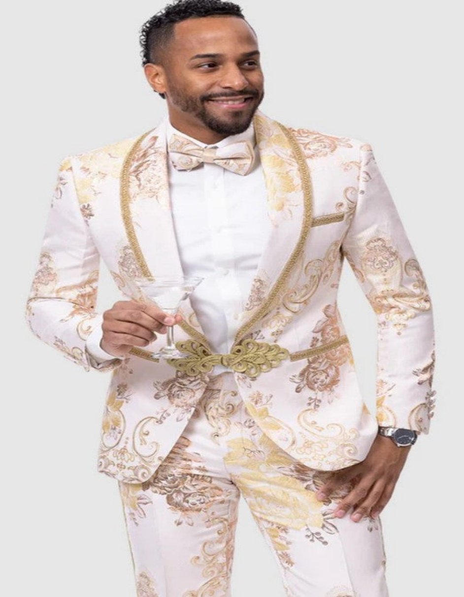 Mens Paisley Prom & Wedding Tuxedo in White & Gold - X-Small (34)