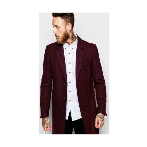Three button over coats mens burgundy wine coat