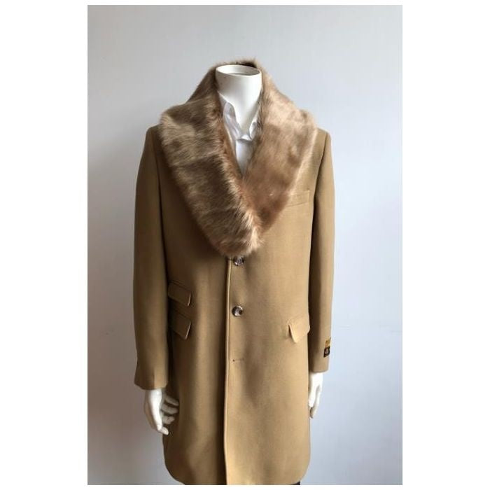 Mens Wool Peacoat ~ Carcoat ~ Overcoat With Fur Collar Camel