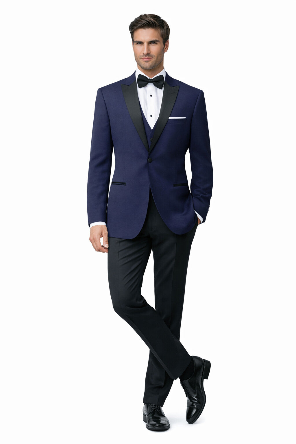 Mens Navy Blue Wedding Tuxedo - Dark Blue Tuxedo Suit" Mens Designer Satin Peak Blake Tuxedo in Navy - 34 Short
