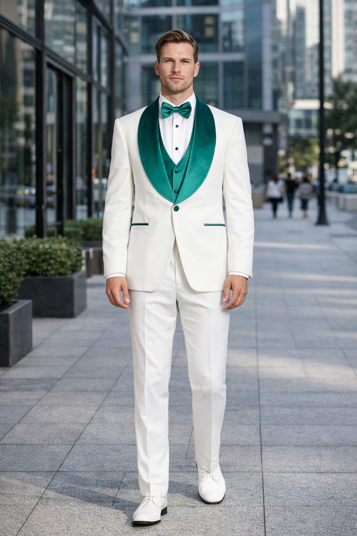 White and Teal Blue Lapel Tuxedo With Vest and Pants - Wedding Groom Suit