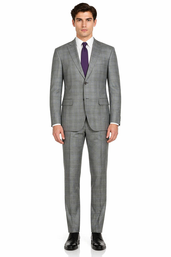 Mens 2 Button Peak Lapel Modern Plaid Suit in Grey