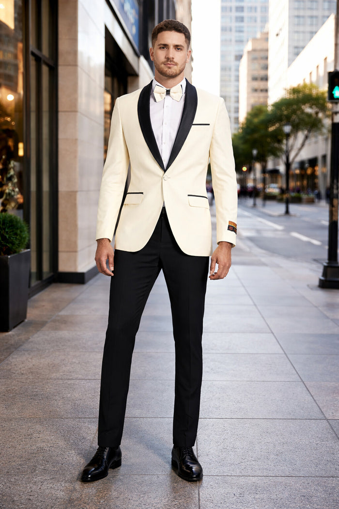 "Mens Modern Fit Ivory Prom 2026 Tuxedo Suit Dinner Jacket with Black Shawl Lapel"