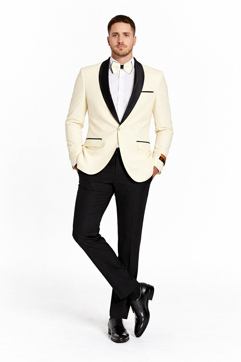 "Mens Modern Fit Ivory Prom 2025 Tuxedo Suit Dinner Jacket with Black Shawl Lapel" - X-Small (34)